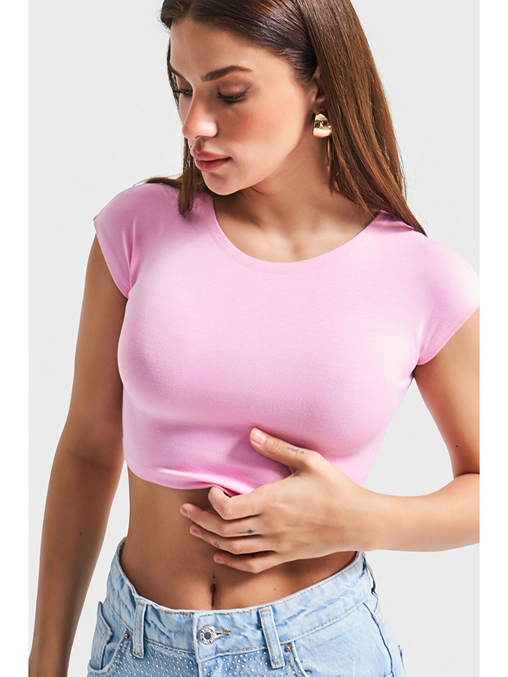 Kadın Pembe Renk Esnek Kumaş Bisiklet Yaka Crop Body-3