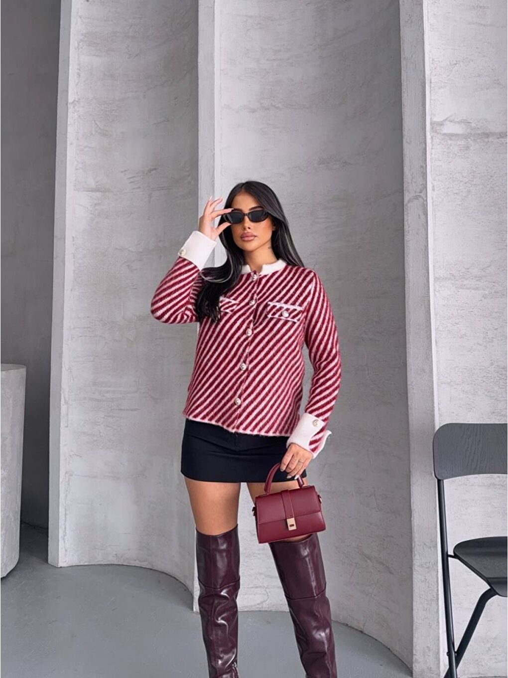 Bordo Çizgili Kol Detay Triko Ceket Hırka