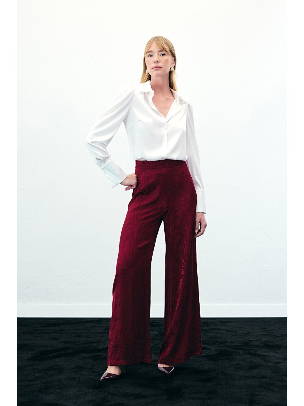 Yüksek Bel Desenli Pantolon - Bordo-5