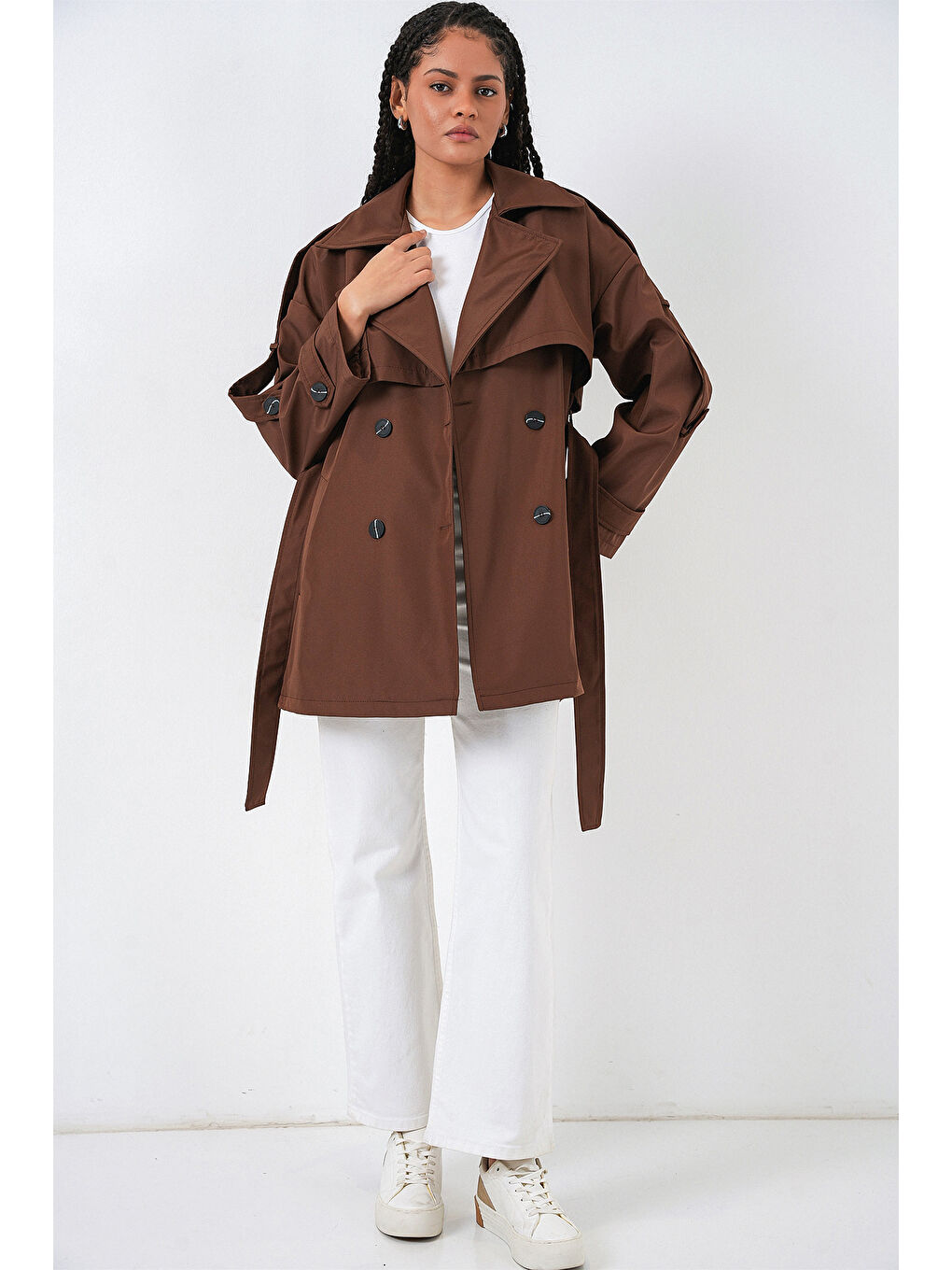 Kadın Kuşaklı Kısa Trençkot 5974 - Kahverengi-1