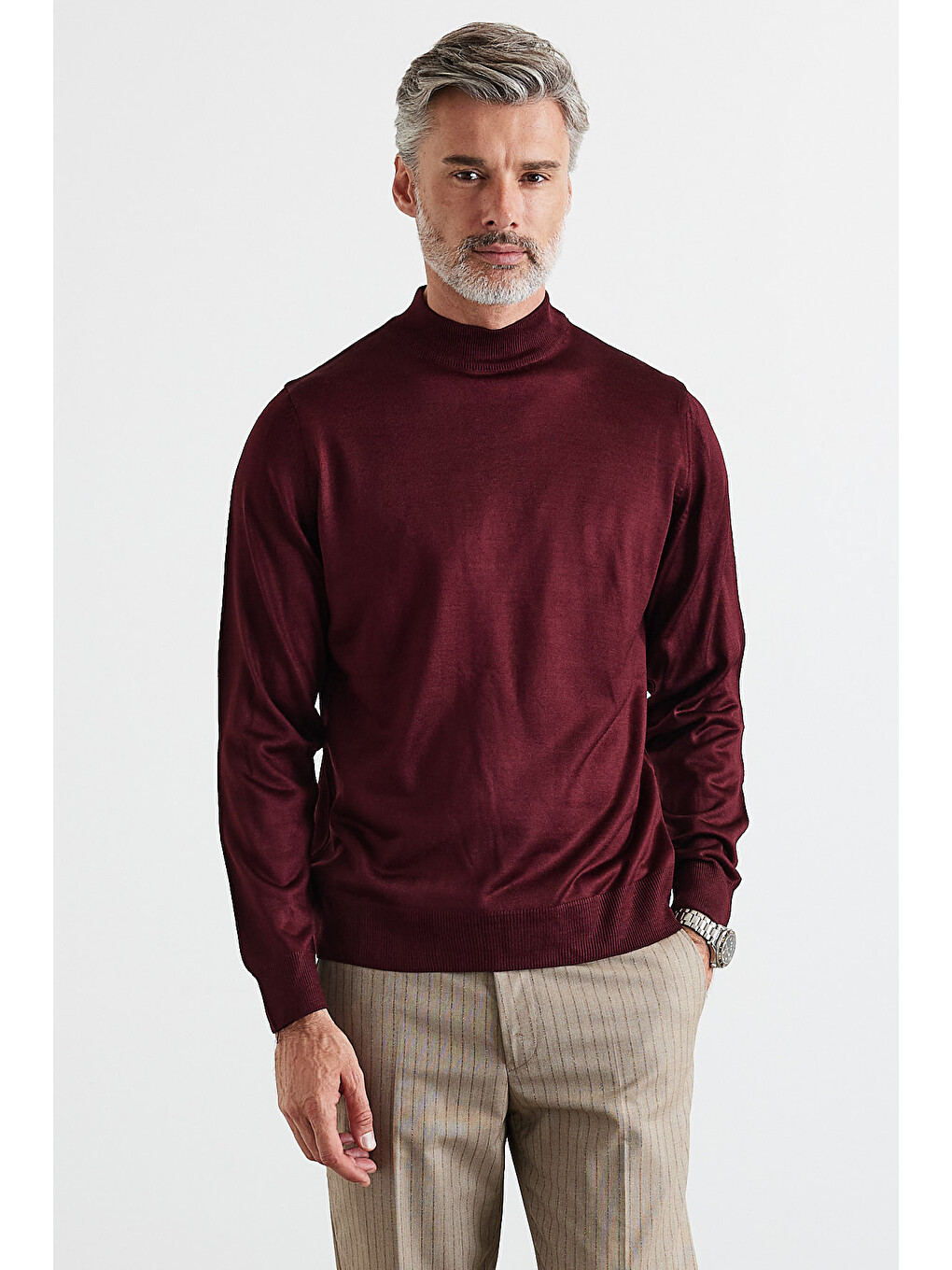 Bordo Erkek Standart Fit Normal Kesim Yarım Balıkçı Yaka Triko Kazak-2