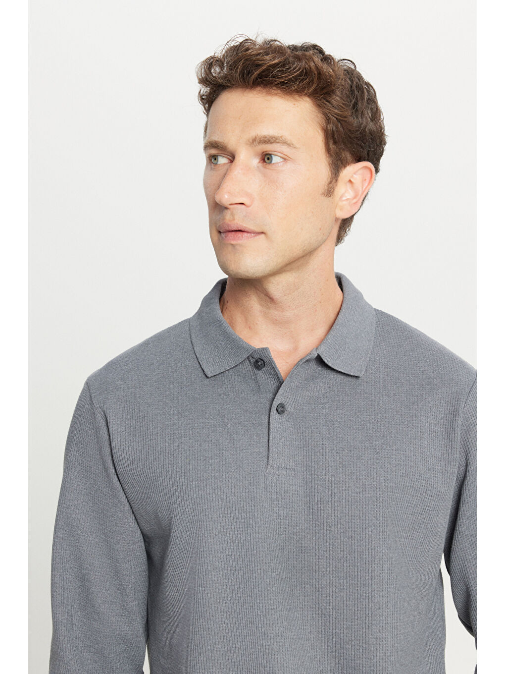 Erkek Gri Pamuklu Standart Fit Normal Kesim Polo Yaka Sweatshirt-3