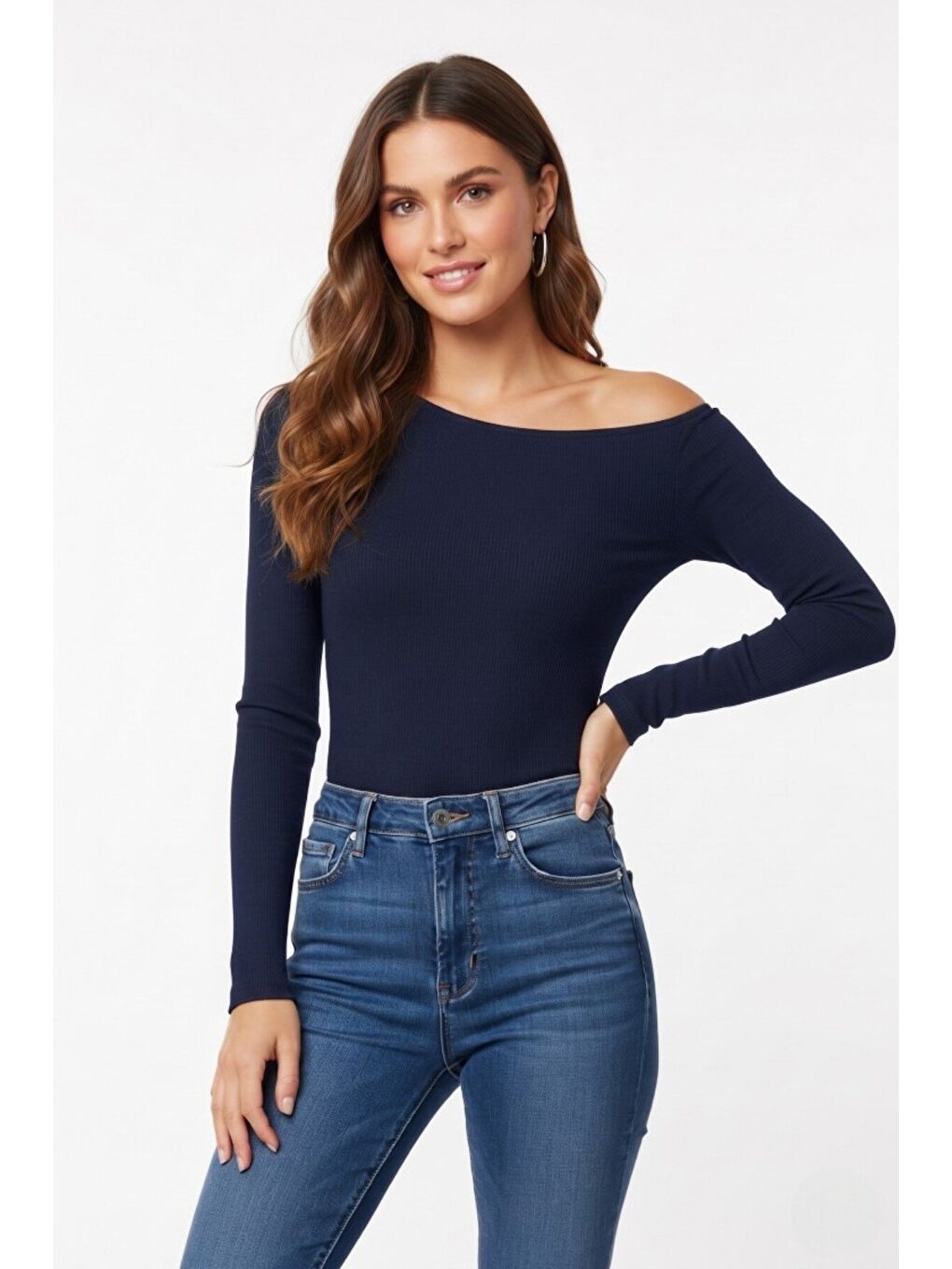 Lacivert Premium Soft Seri Vücuda Oturan Kayık Yaka Örme Bluz-2