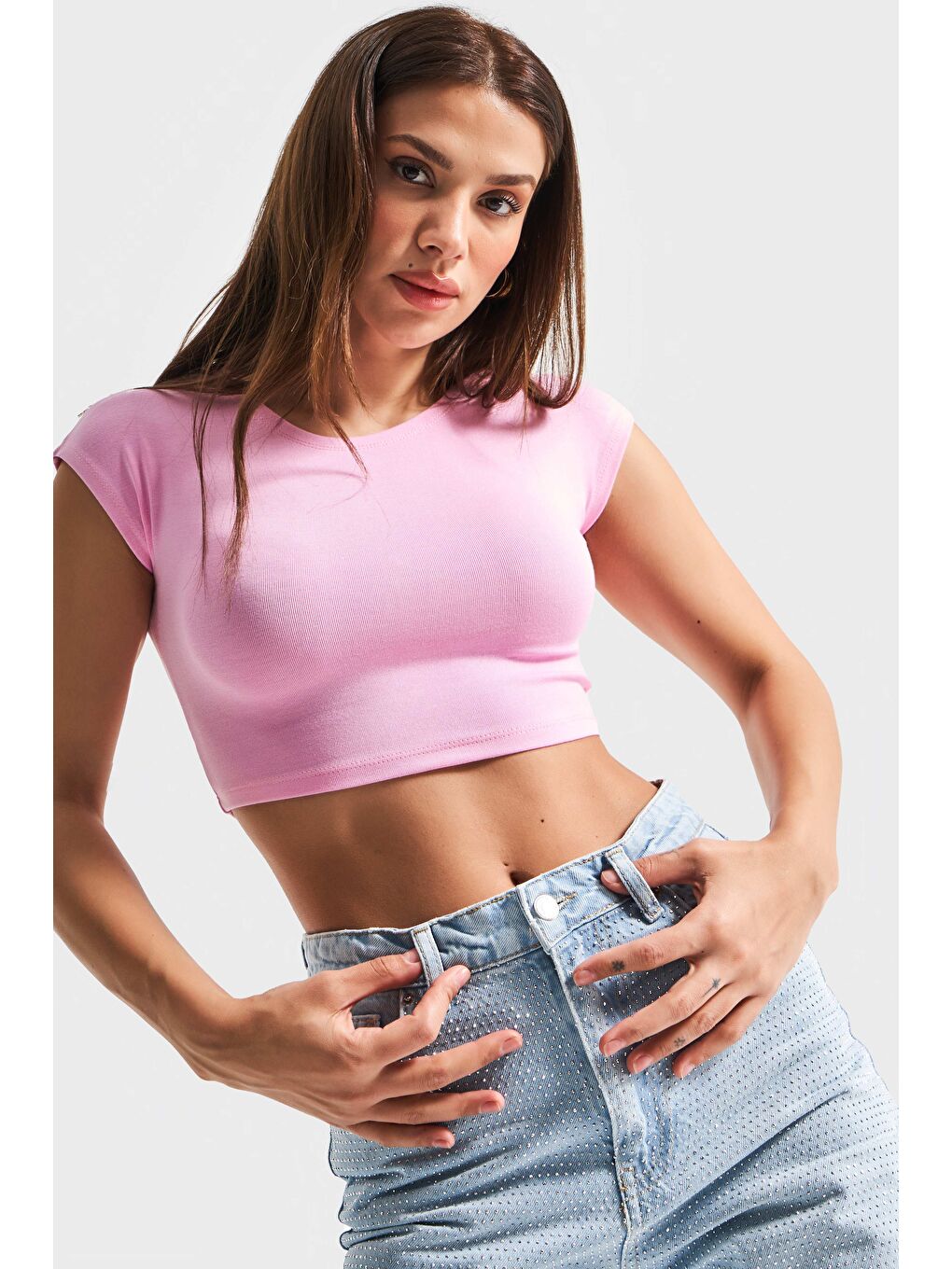 Kadın Pembe Renk Esnek Kumaş Bisiklet Yaka Crop Body-4