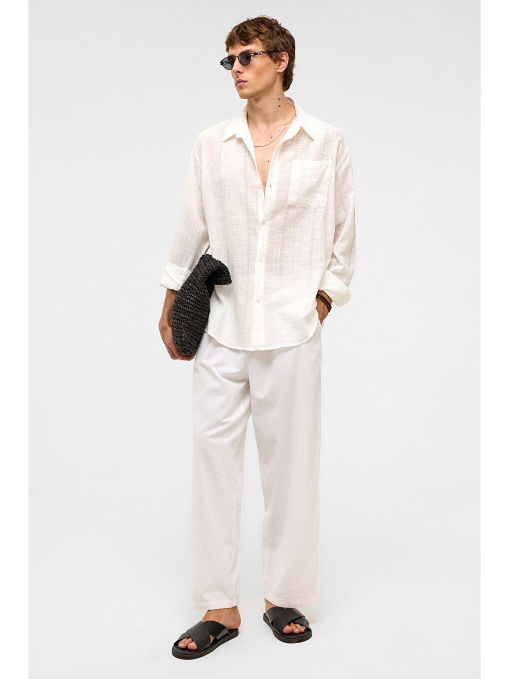 Oversize Çizgili Uzun Kollu Keten Gömlek Ekru