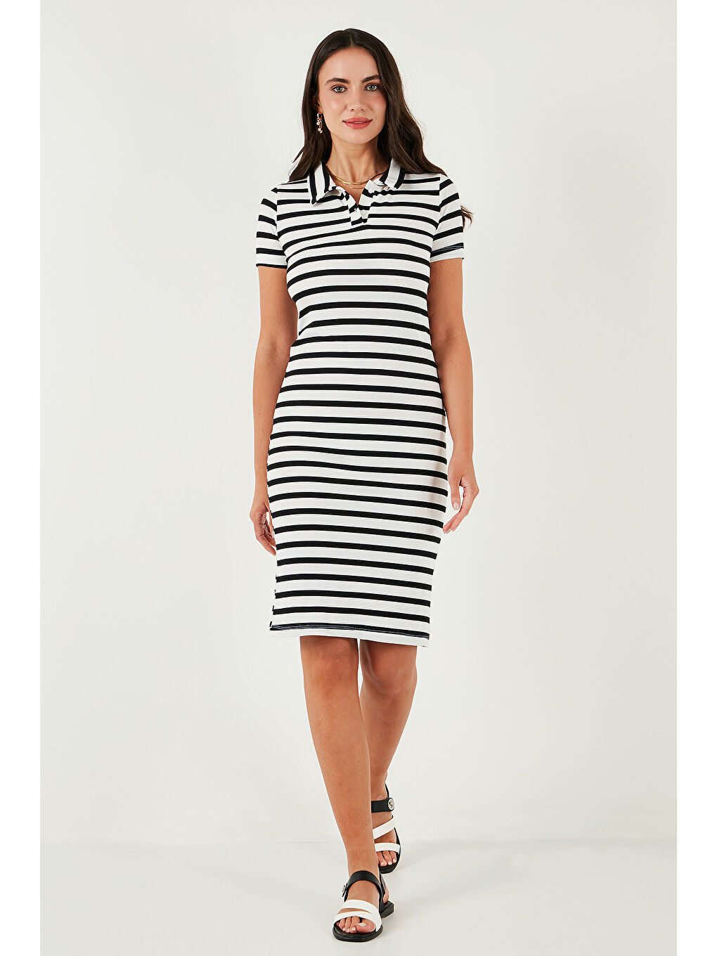 Beyaz Streç Slim Fit Düğmeli Polo Yaka Kısa Kollu Mini Boy Çizgili Kadın Elbise 5866167-3