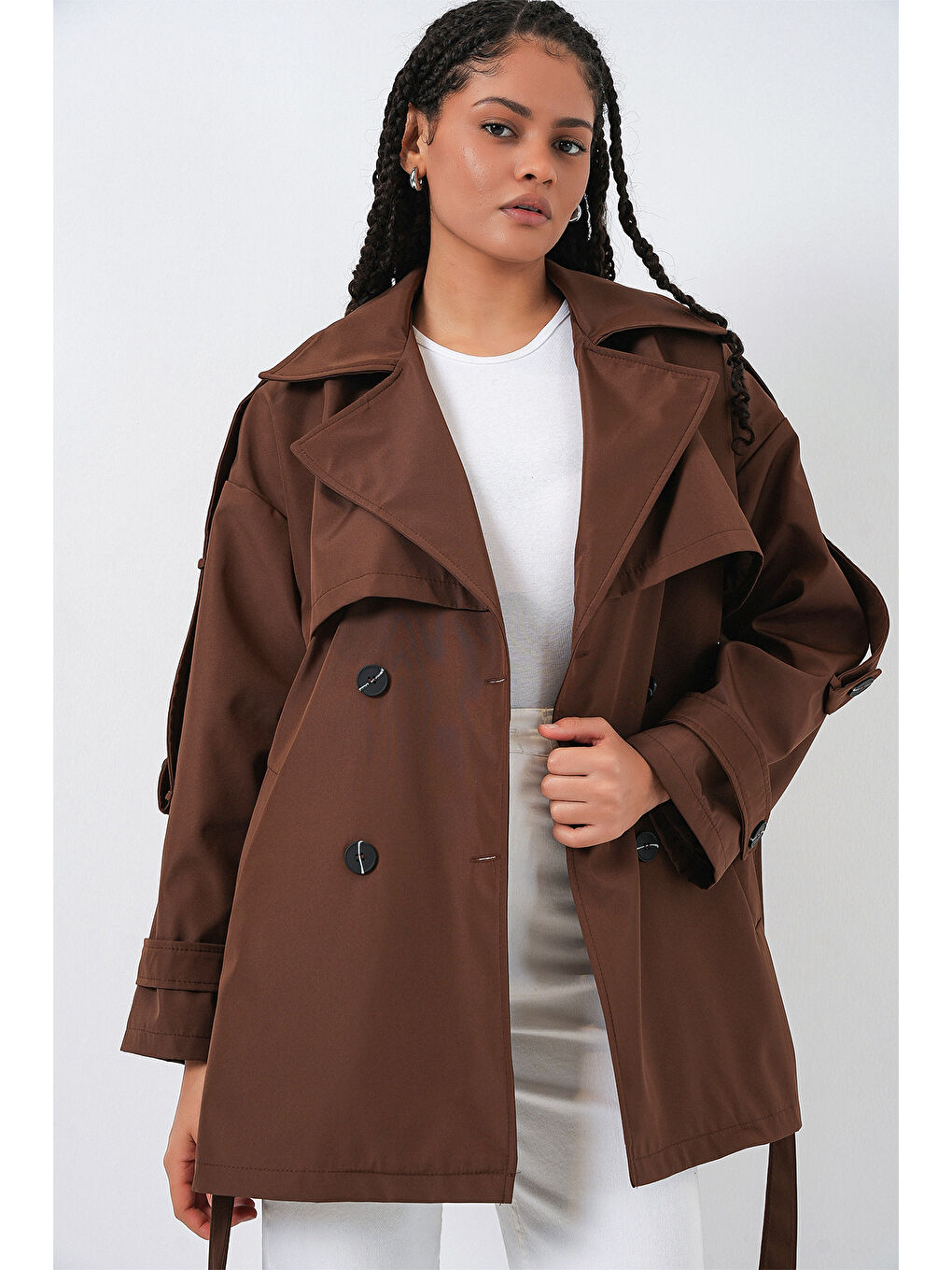 Kadın Kuşaklı Kısa Trençkot 5974 - Kahverengi-2