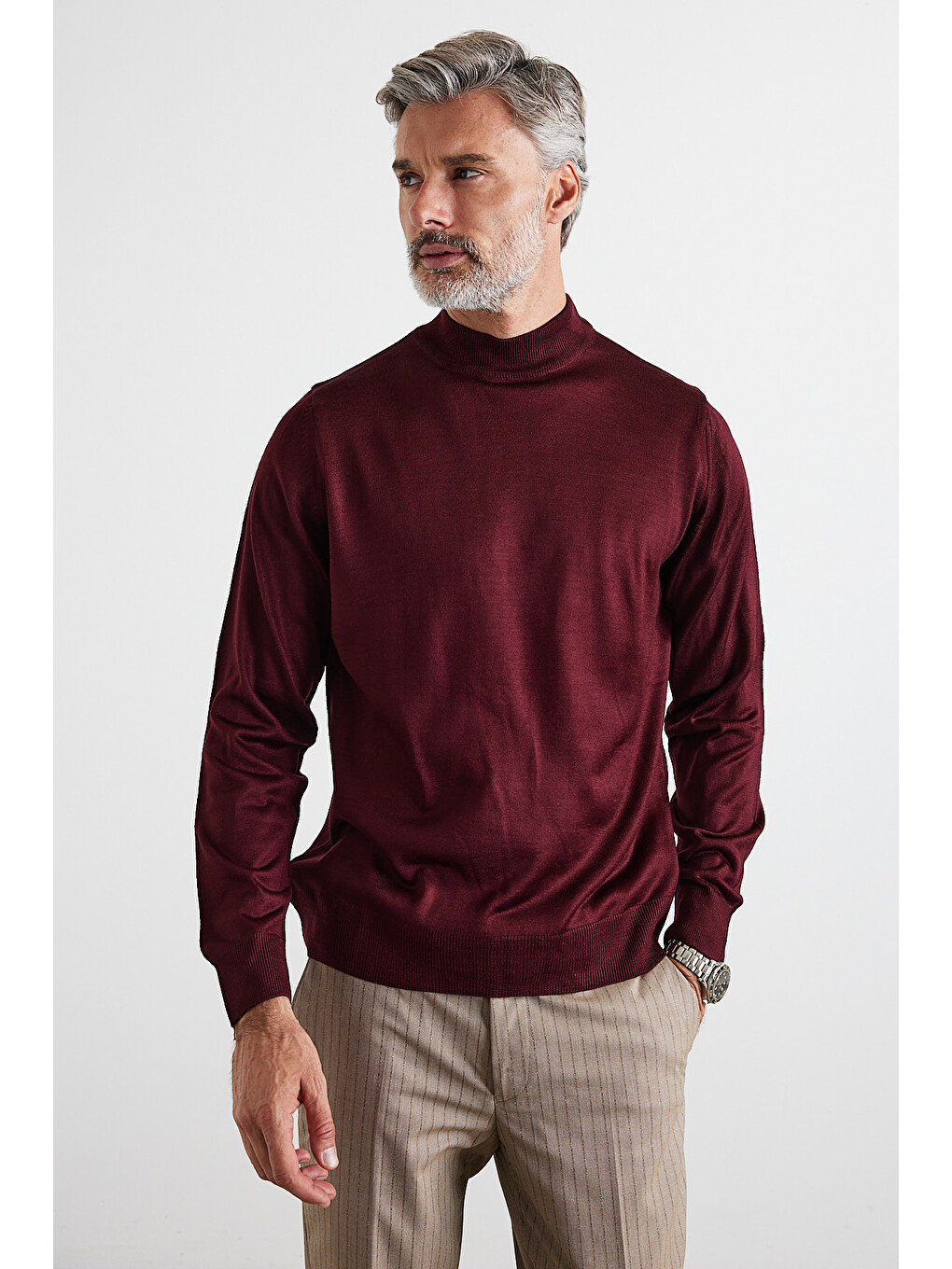 Bordo Erkek Standart Fit Normal Kesim Yarım Balıkçı Yaka Triko Kazak-3