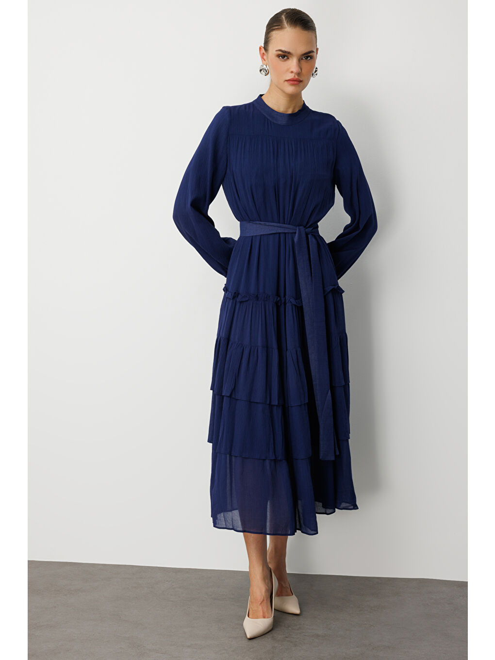 Kat Pileli Maksi Lacivert Elbise-2