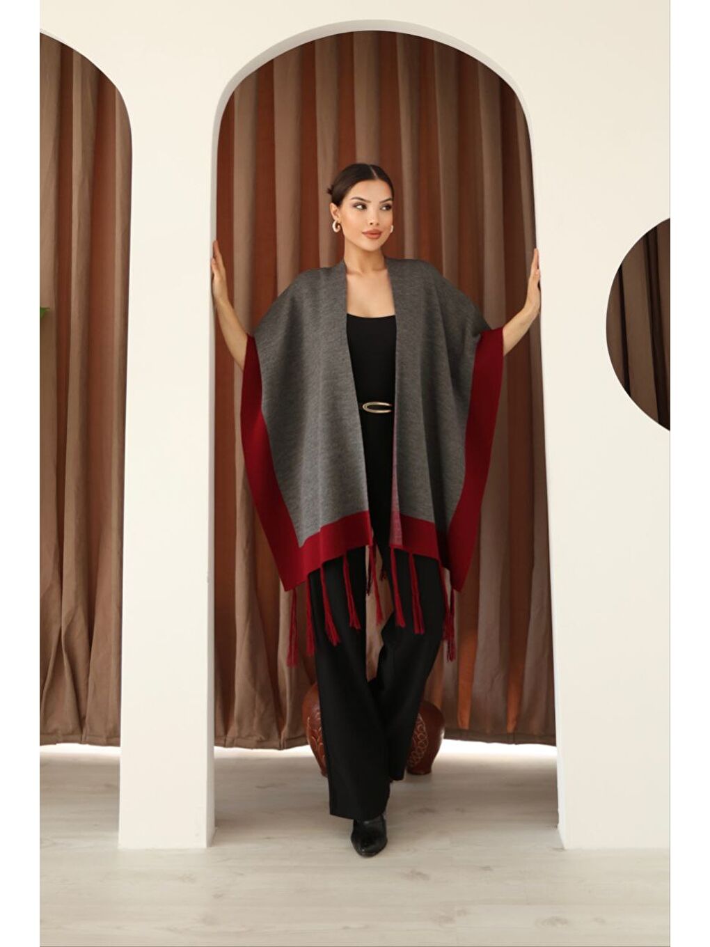 Gri Püsküllü Renk Bloklu Kışlık Triko Panço-3