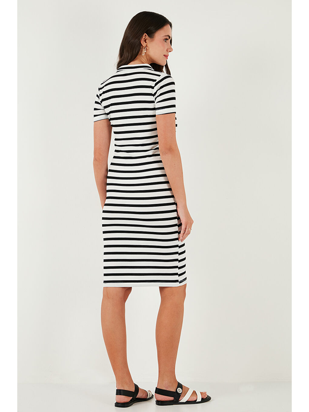 Beyaz Streç Slim Fit Düğmeli Polo Yaka Kısa Kollu Mini Boy Çizgili Kadın Elbise 5866167-5