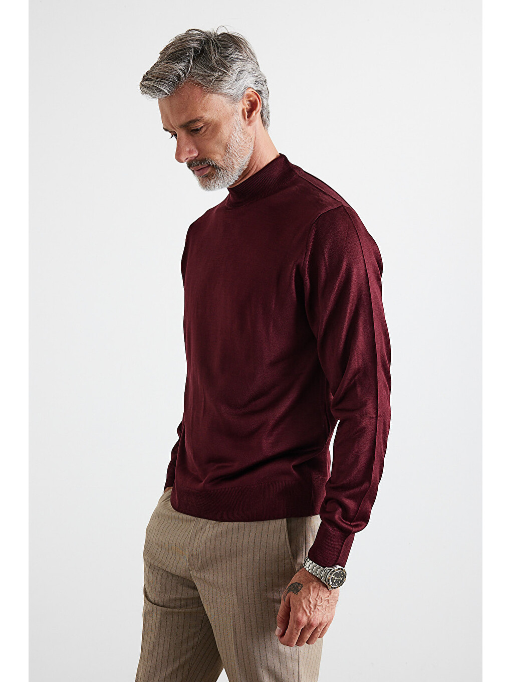 Bordo Erkek Standart Fit Normal Kesim Yarım Balıkçı Yaka Triko Kazak-4
