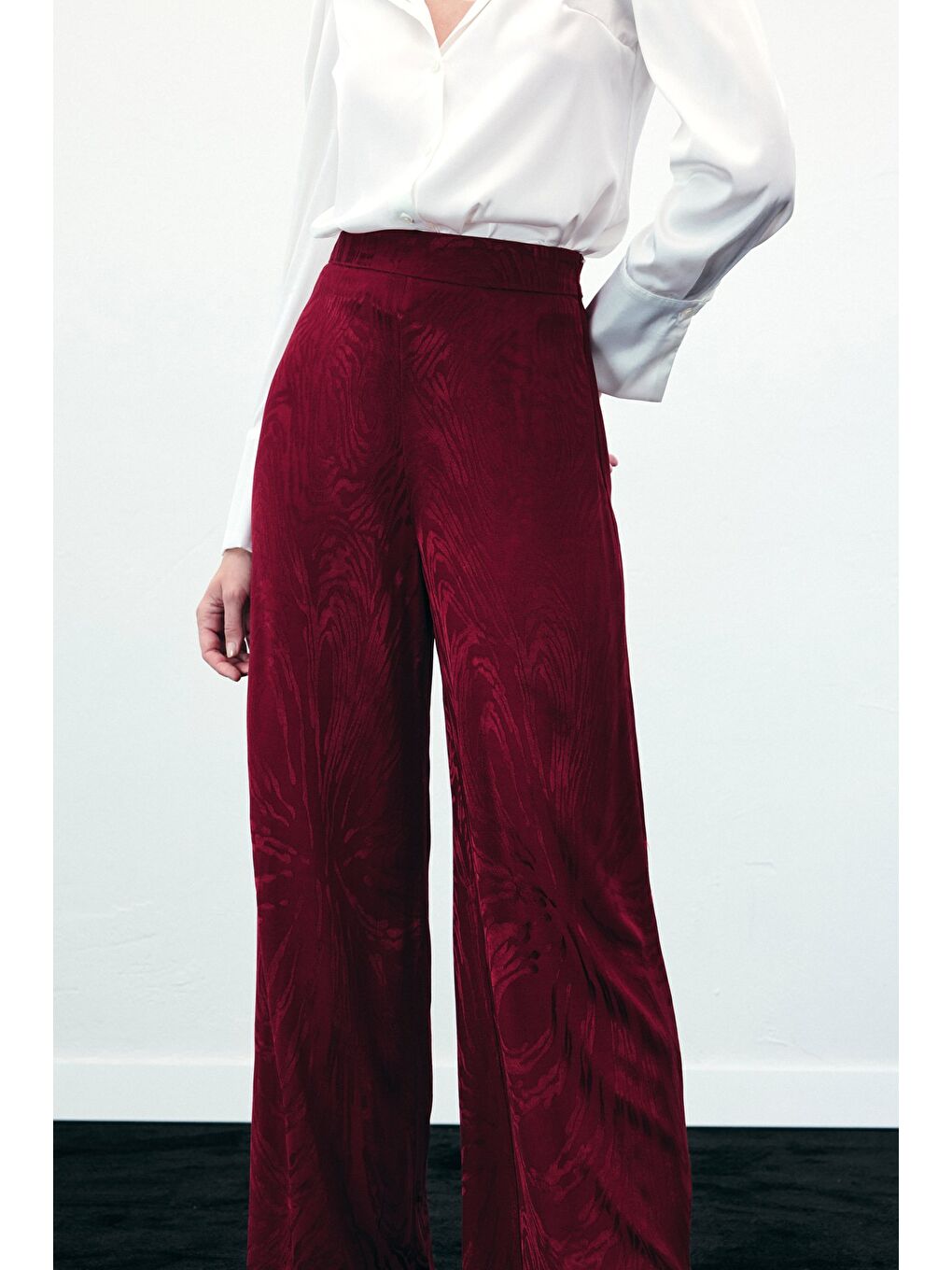 Yüksek Bel Desenli Pantolon - Bordo-6