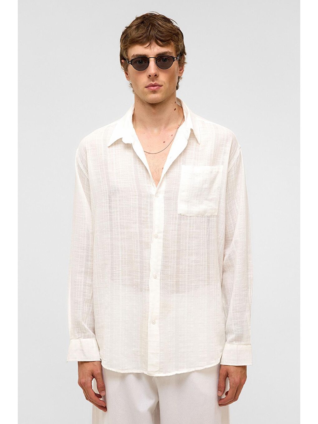 Oversize Çizgili Uzun Kollu Keten Gömlek Ekru-1