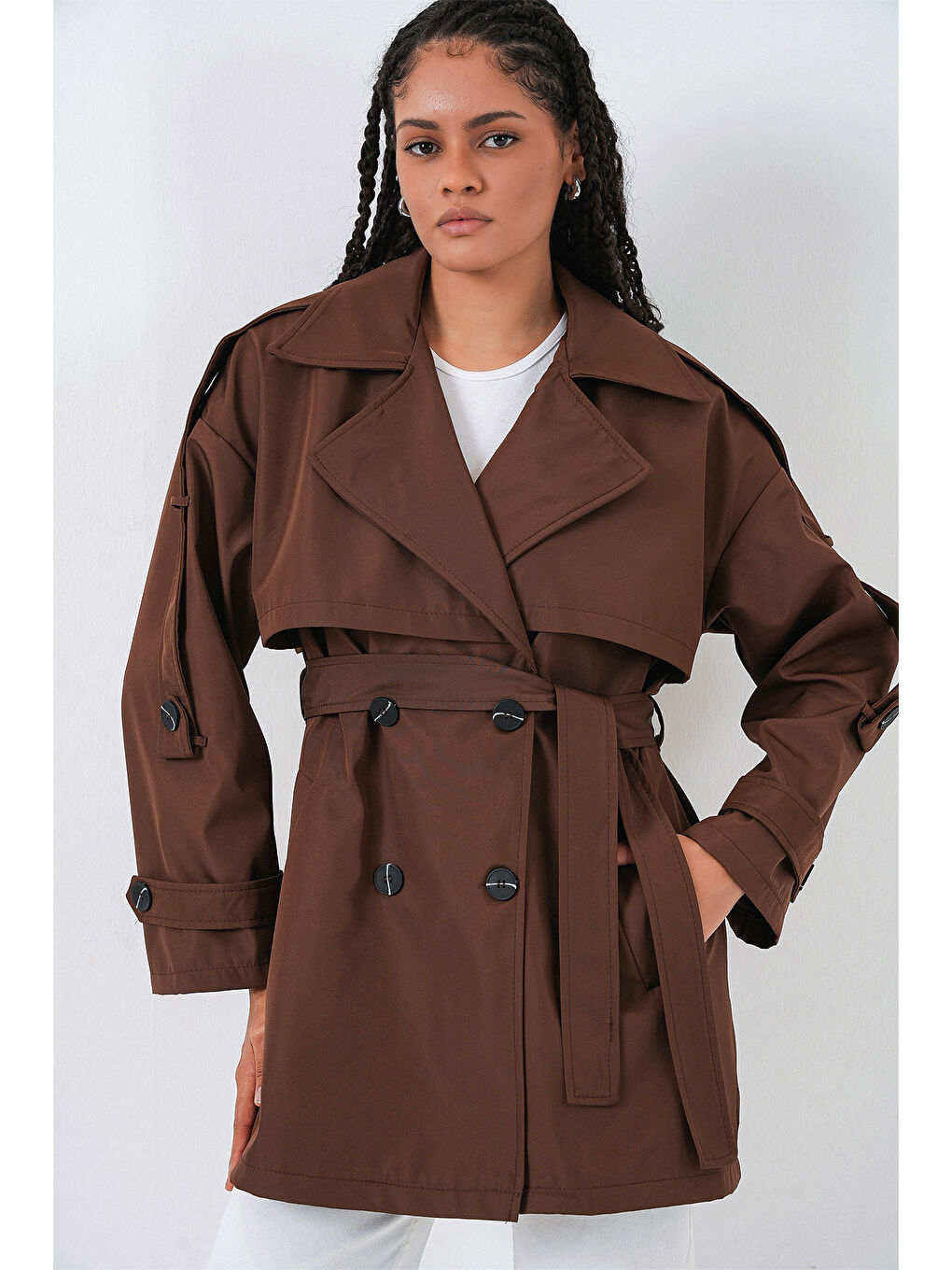 Kadın Kuşaklı Kısa Trençkot 5974 - Kahverengi-3