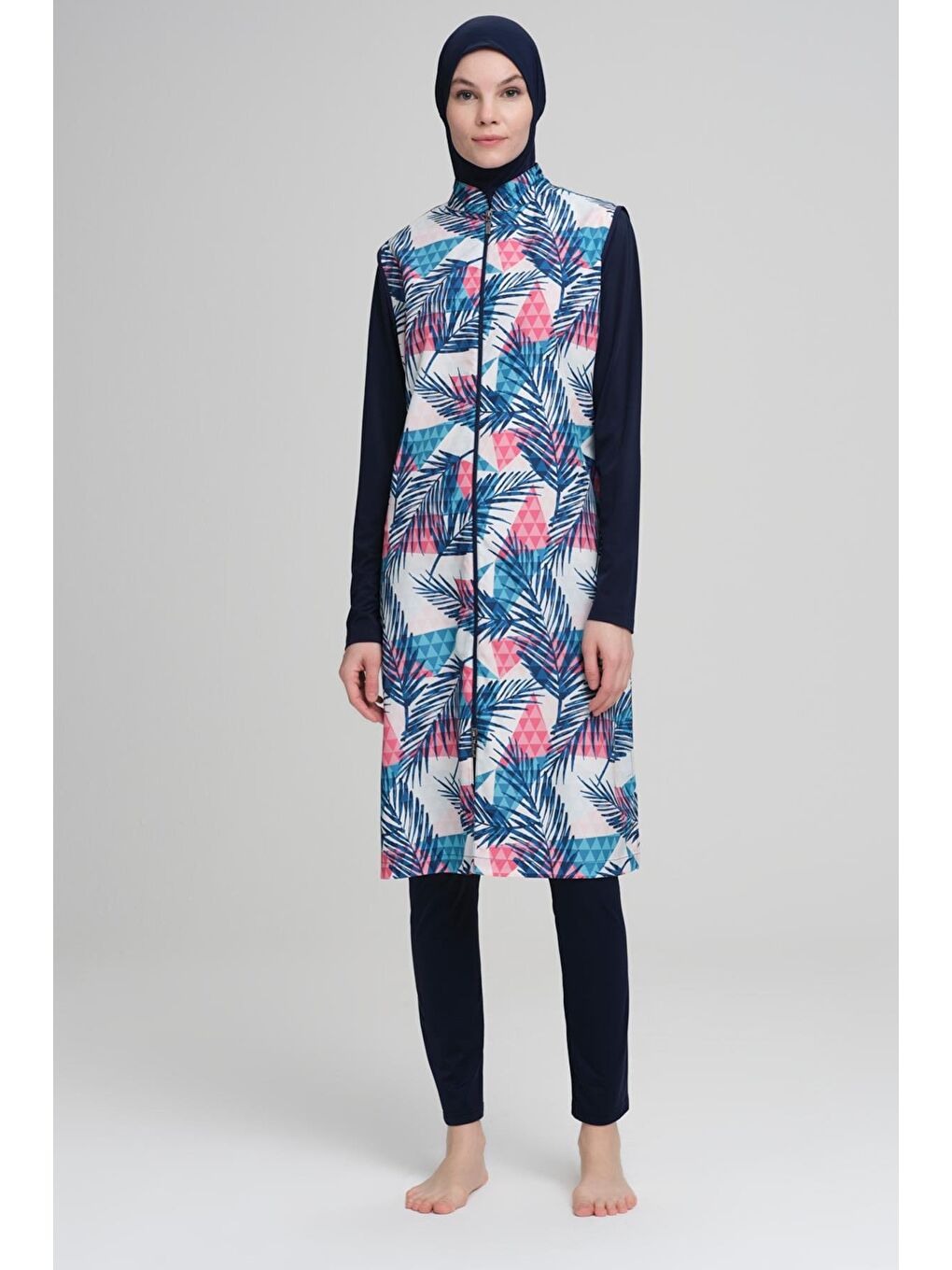 Palmiye Desen Lacivert 3 Parça Tam Tesettür Mayo Takımı 2212