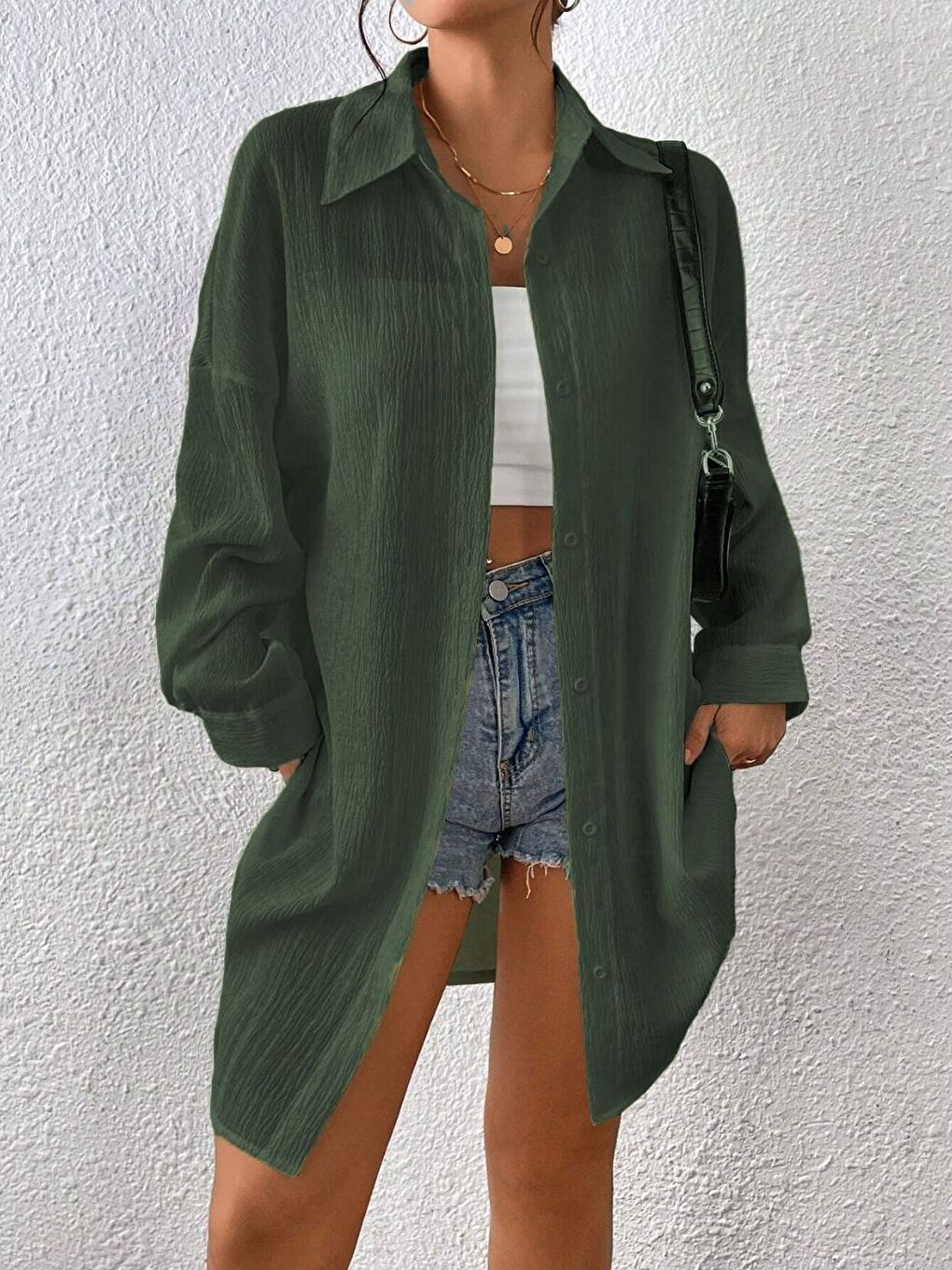 Kadın Koyu Haki Krinkıl Uzun Gömlek