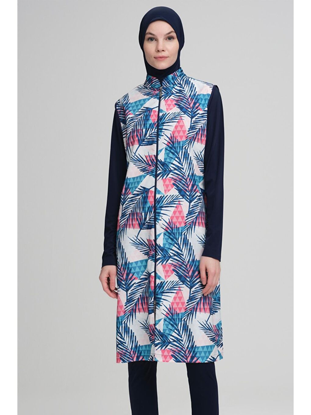 Palmiye Desen Lacivert 3 Parça Tam Tesettür Mayo Takımı 2212-1