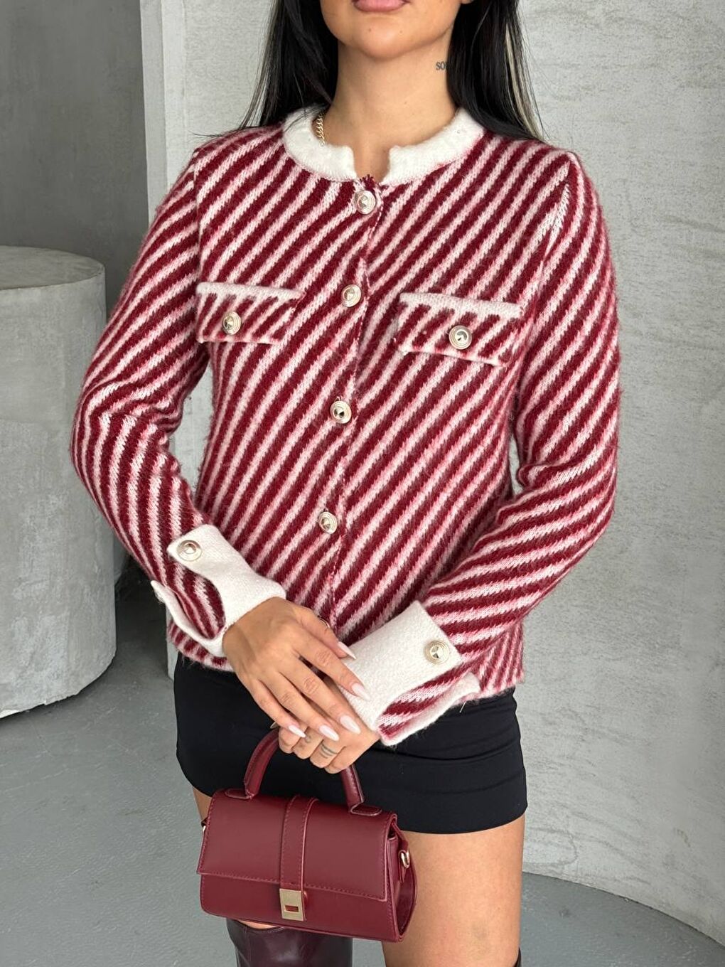 Bordo Çizgili Kol Detay Triko Ceket Hırka-1