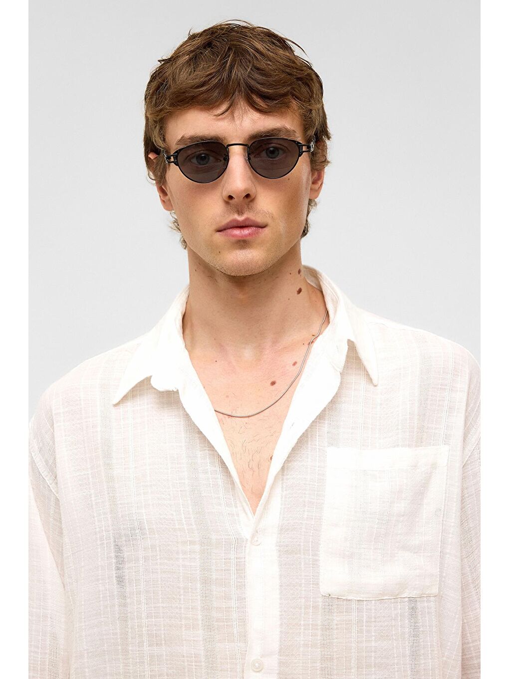 Oversize Çizgili Uzun Kollu Keten Gömlek Ekru-2