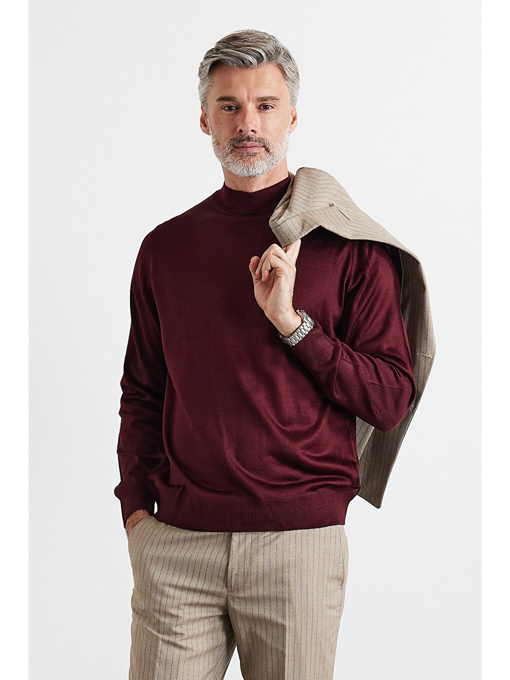 Bordo Erkek Standart Fit Normal Kesim Yarım Balıkçı Yaka Triko Kazak-6