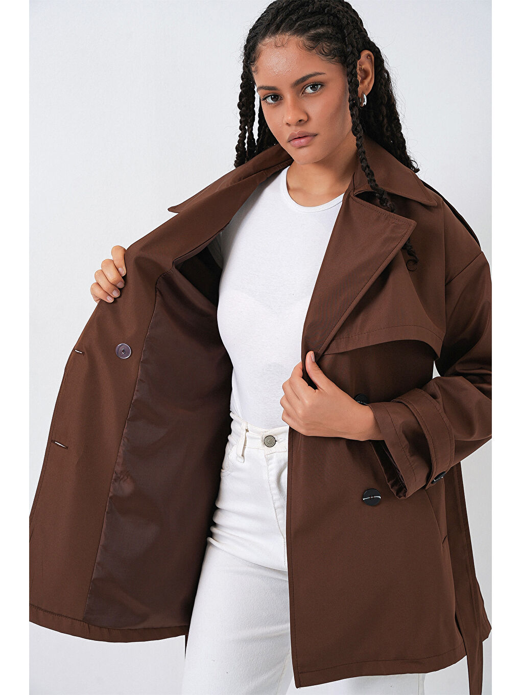 Kadın Kuşaklı Kısa Trençkot 5974 - Kahverengi-4