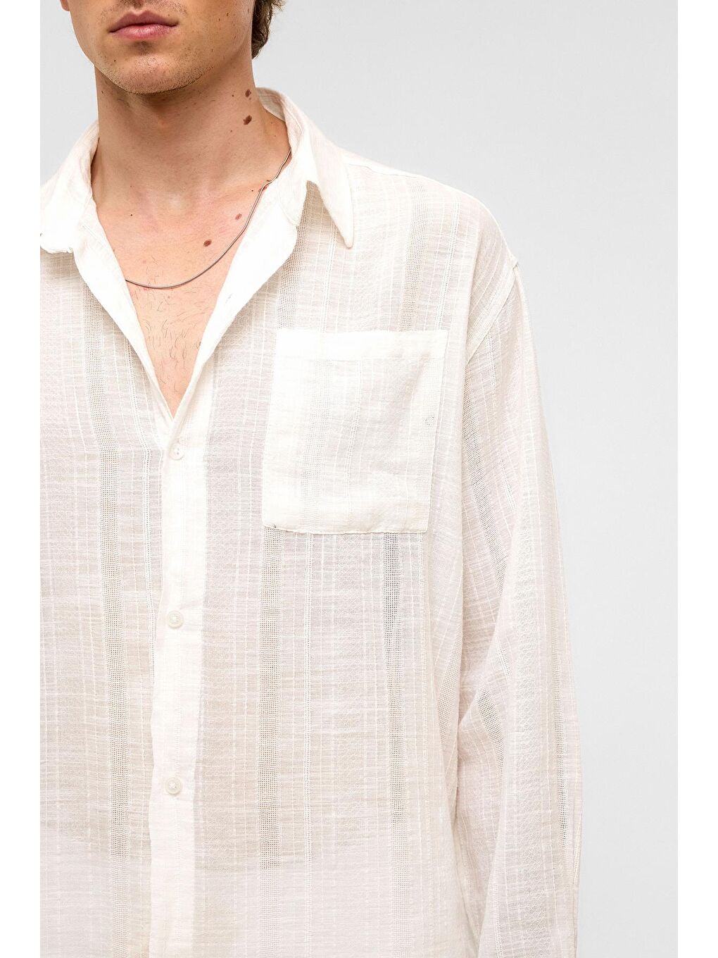 Oversize Çizgili Uzun Kollu Keten Gömlek Ekru-3