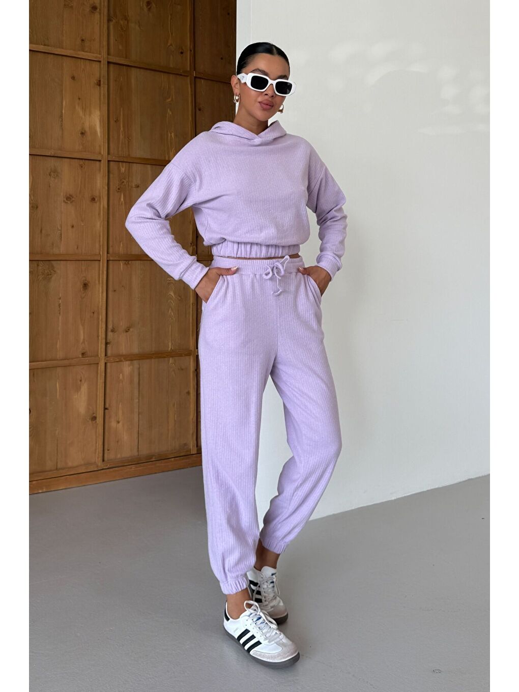 Mor Kadın Lila Kapüşonlu Crop Fitilli Alt-Üst Takım-4