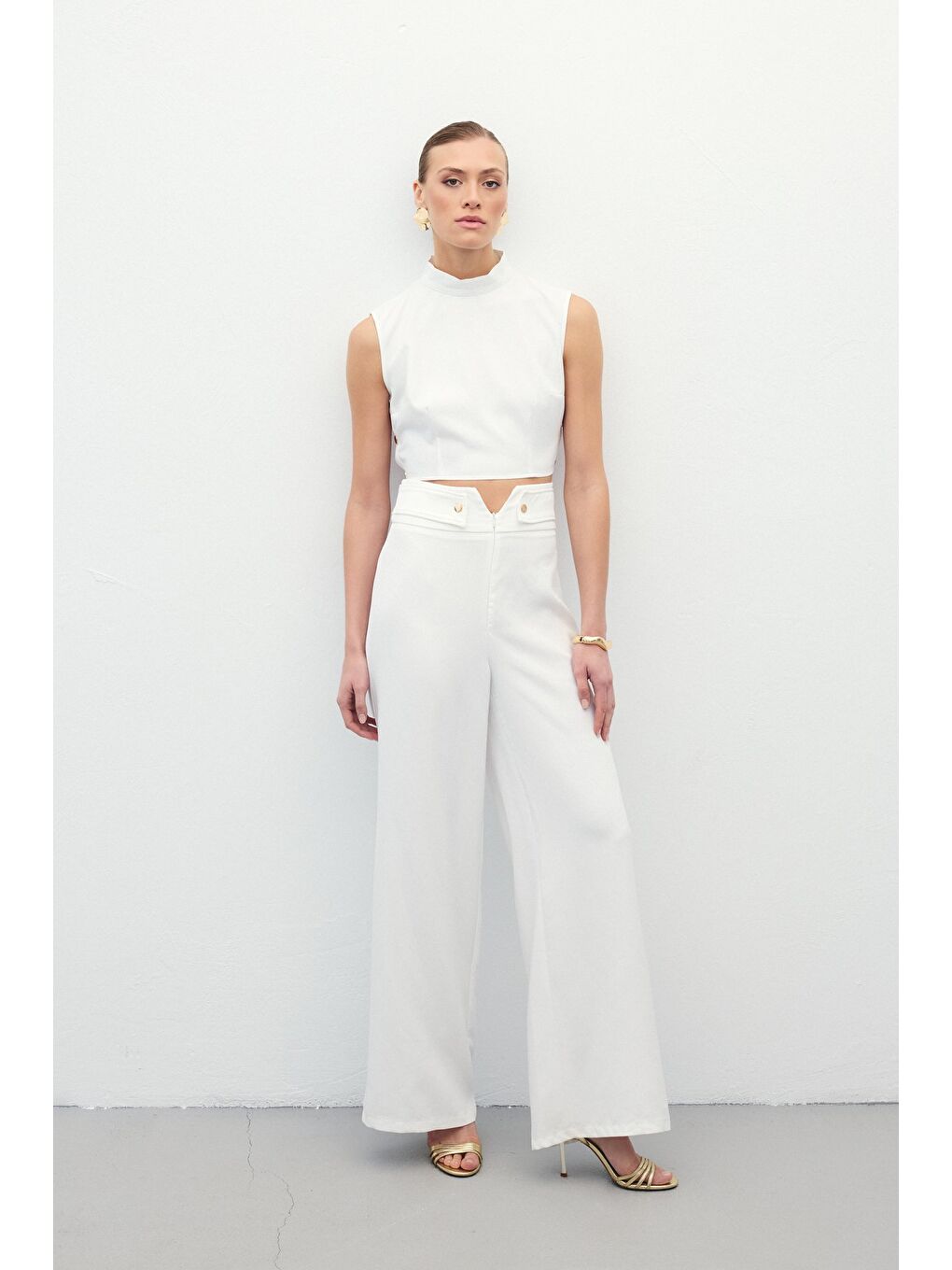 Bel Detaylı Pantolon - Ekru-4