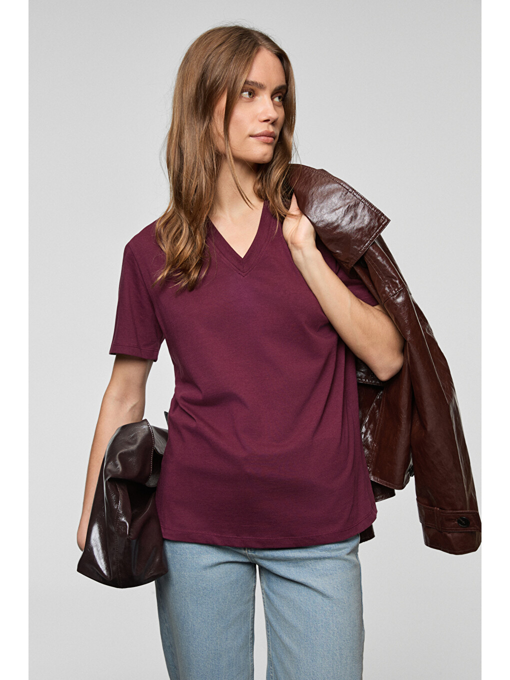Bordo ALINE Kadın %100 organik Pamuk Derin V Yakalı Comfort Fit BORDO T-Shirt-2