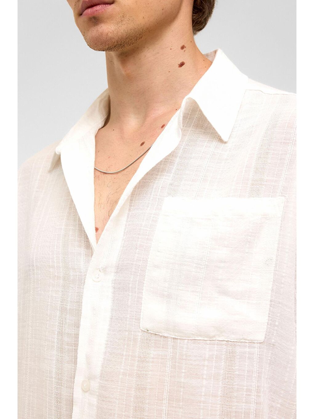 Oversize Çizgili Uzun Kollu Keten Gömlek Ekru-4