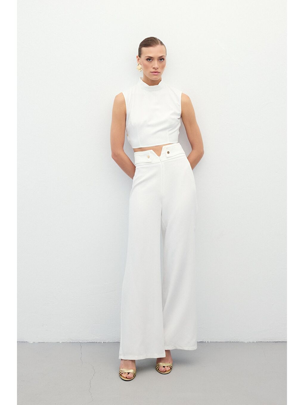 Bel Detaylı Pantolon - Ekru-5