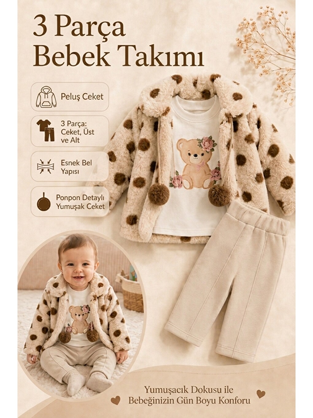 Bej Minik Ayıcık Baskılı Puanlı Yumuşak Dokulu Pelüş Montlu 3 Lü Kız Bebek Set Takım Ak8534-1