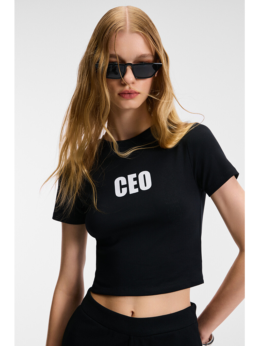 Velına Kadın Bisiklet Yaka Kısa Kollu Önü Baskılı Slim Siyah T-shirt-1