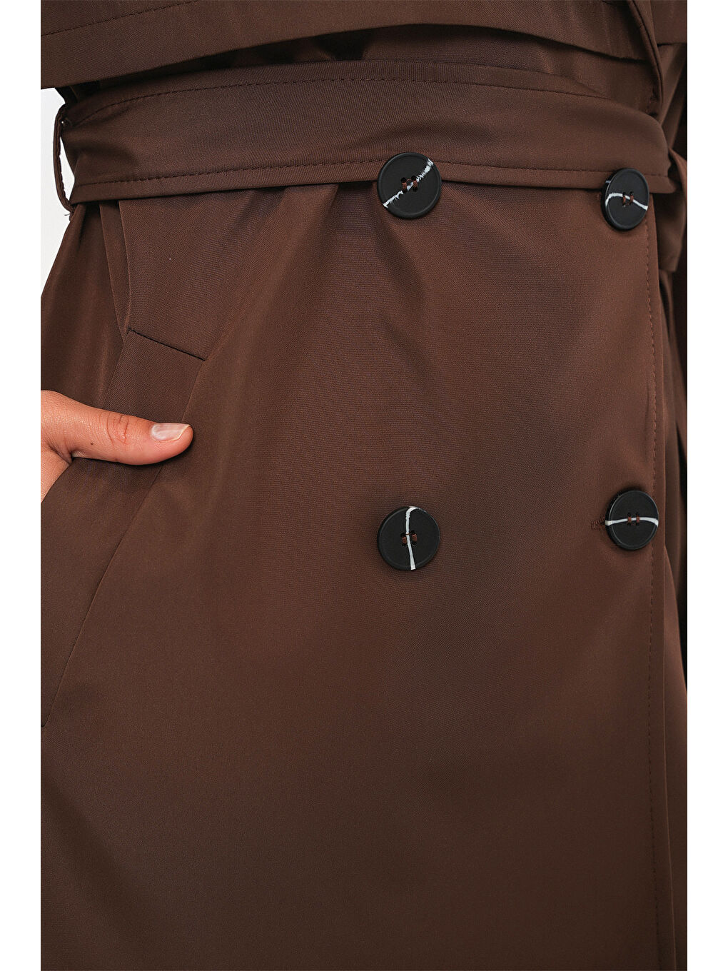 Kadın Kuşaklı Kısa Trençkot 5974 - Kahverengi-5