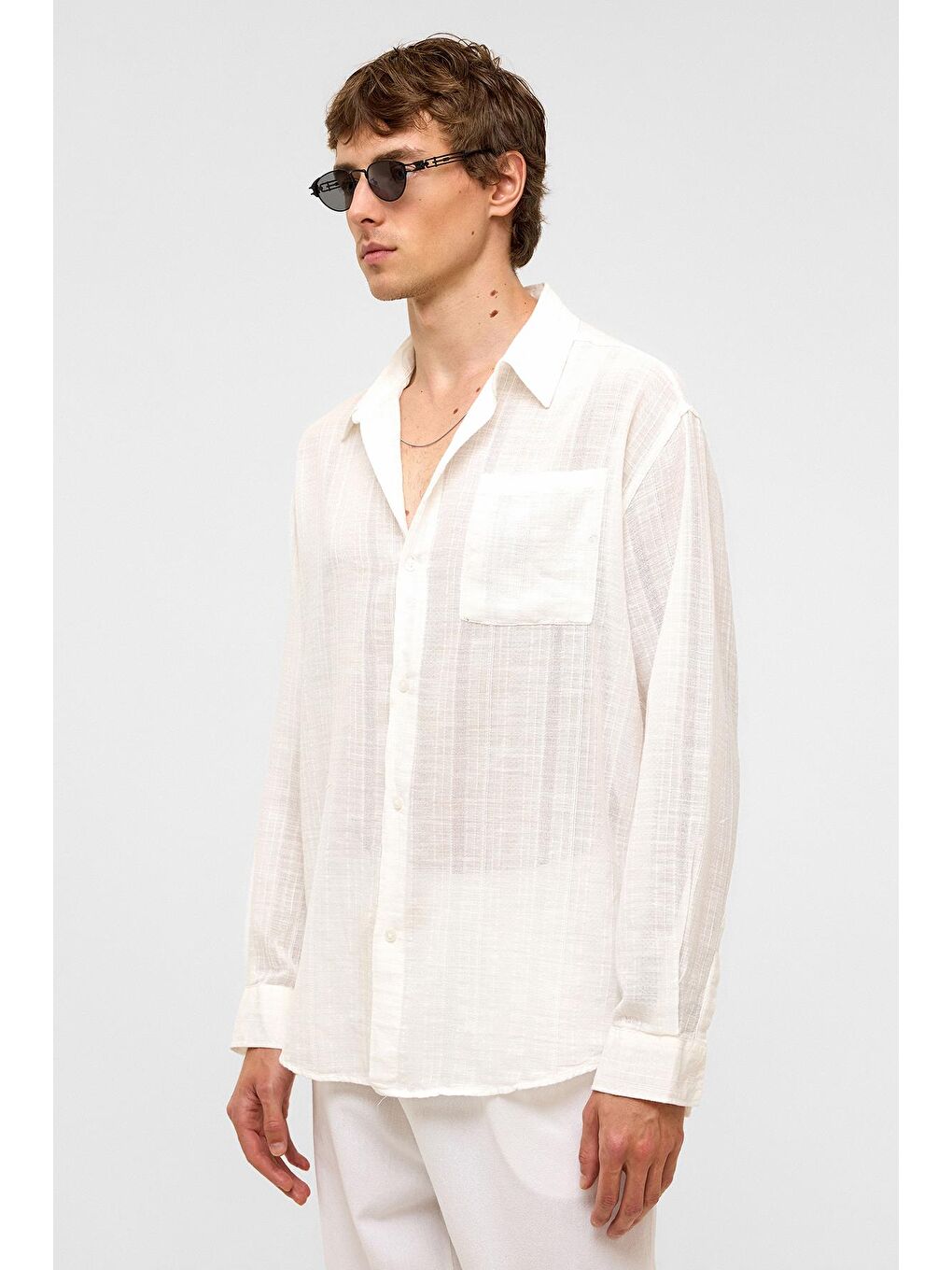 Oversize Çizgili Uzun Kollu Keten Gömlek Ekru-5