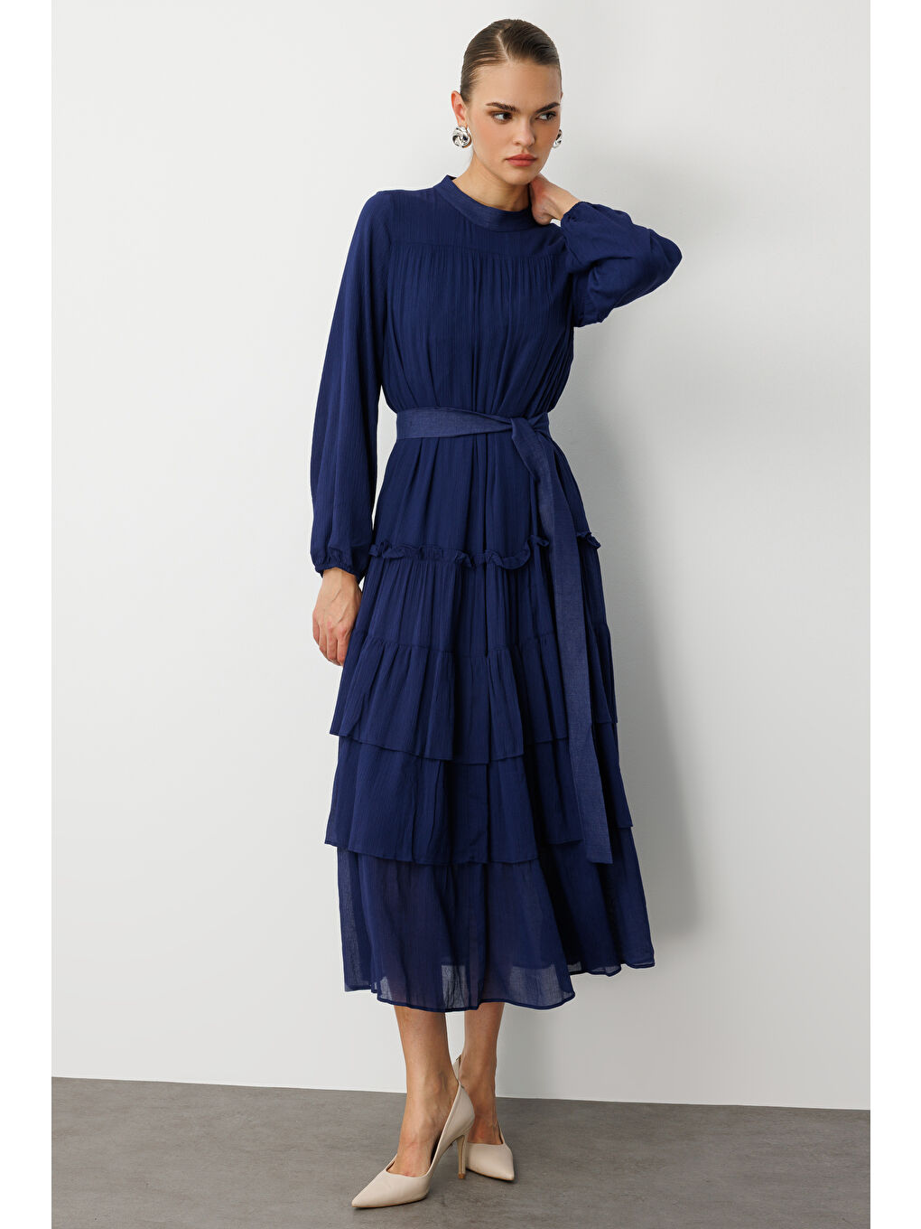 Kat Pileli Maksi Lacivert Elbise-3