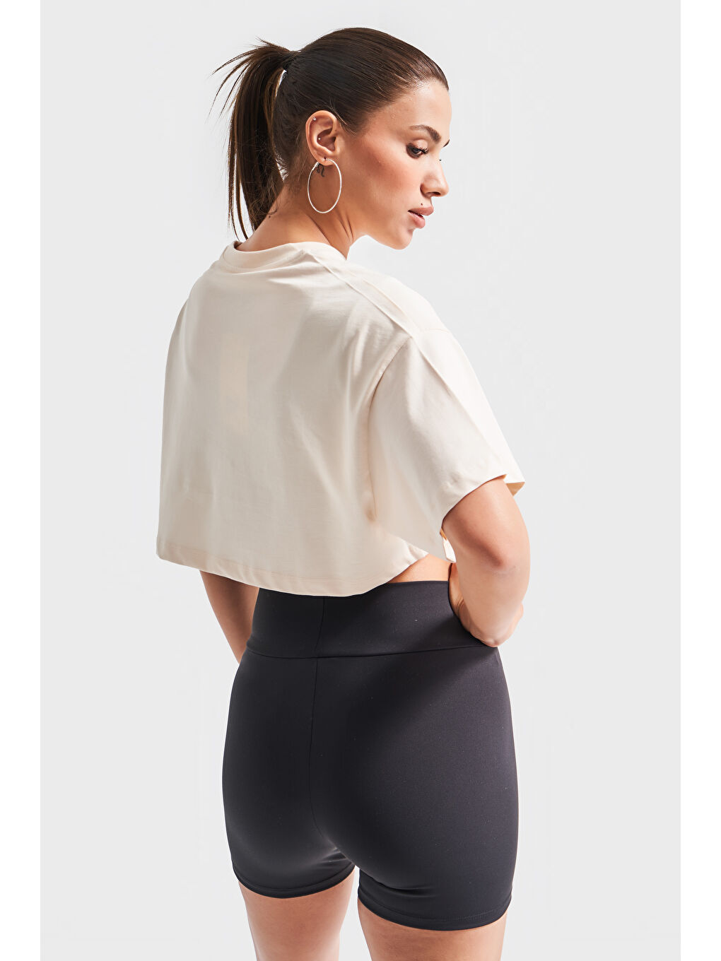 Kadın Siyah Ekru Renk Tayt Sporcu Sütyeni T-Shirt Süper Esnek 3'lü Set Birlikte Takım-4