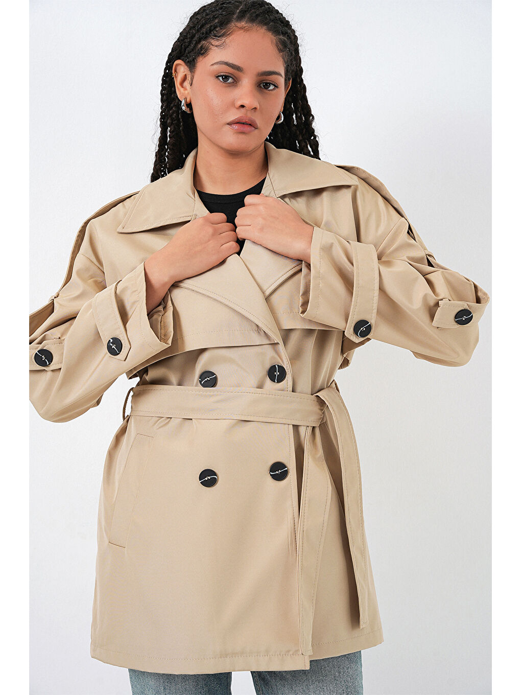 Kadın Kuşaklı Kısa Trençkot 5974 - Bej-2