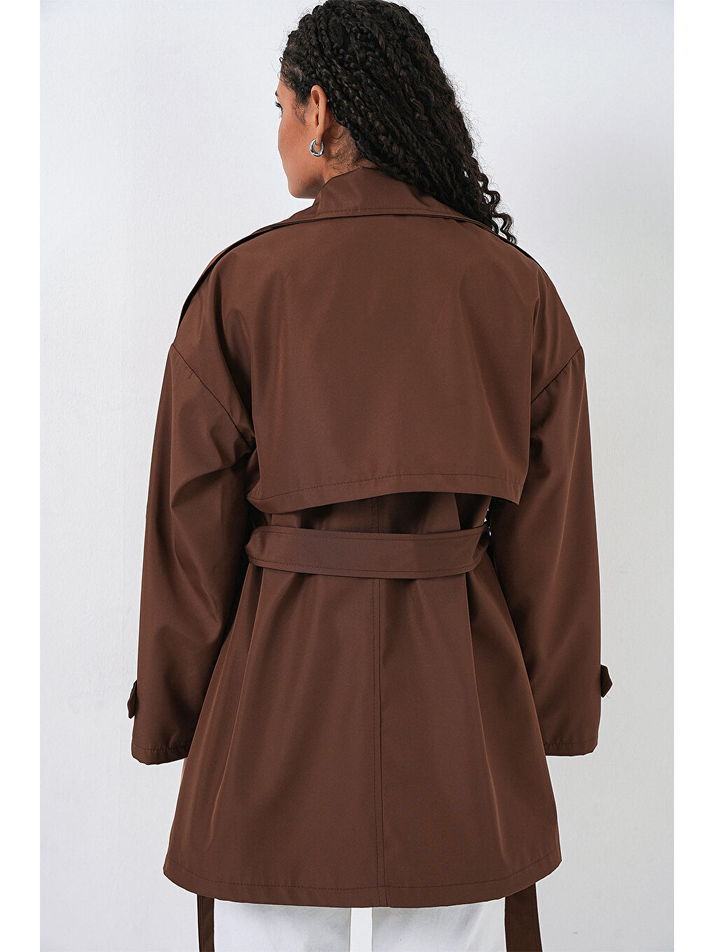 Kadın Kuşaklı Kısa Trençkot 5974 - Kahverengi-6