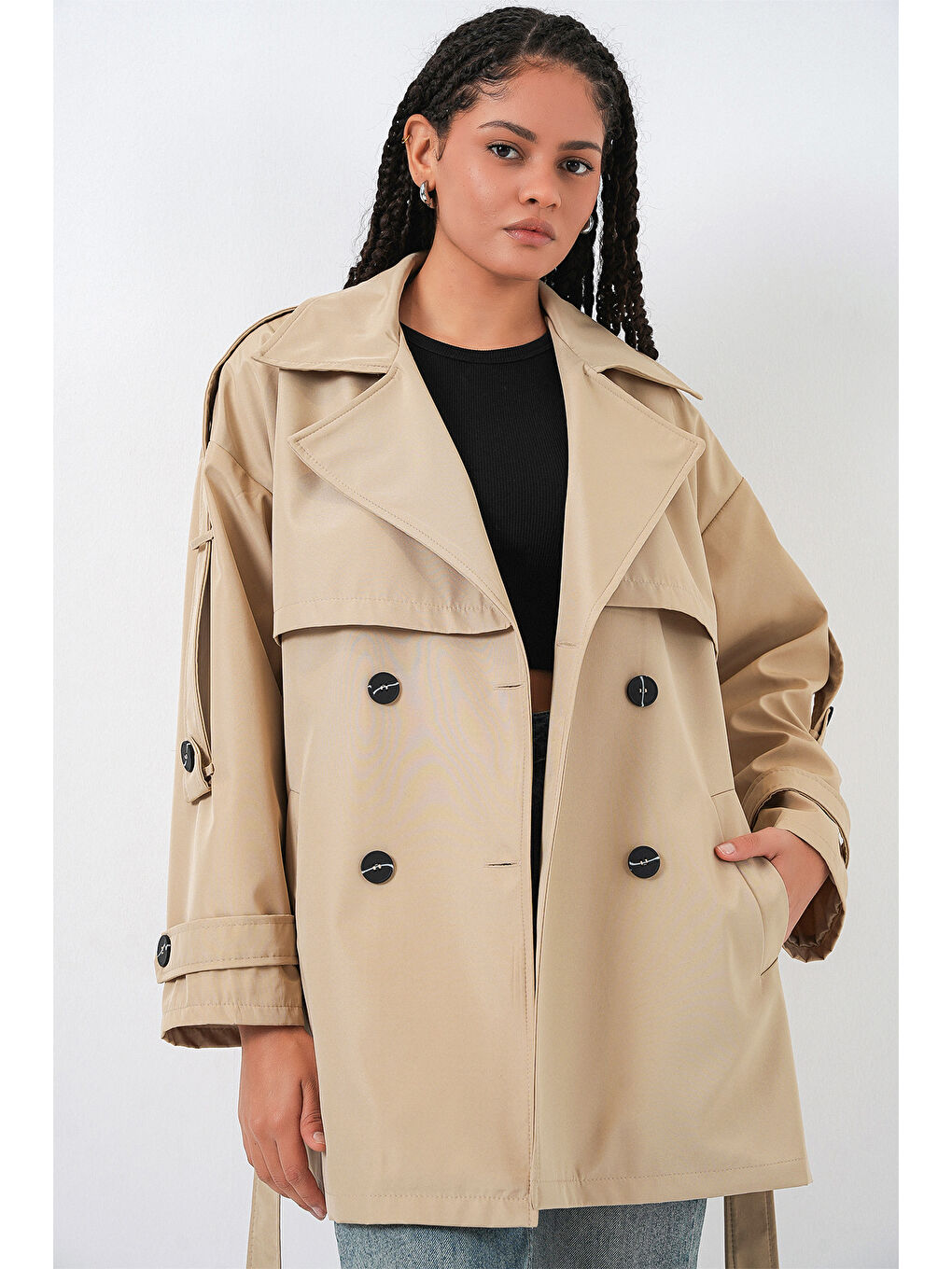 Kadın Kuşaklı Kısa Trençkot 5974 - Bej-3