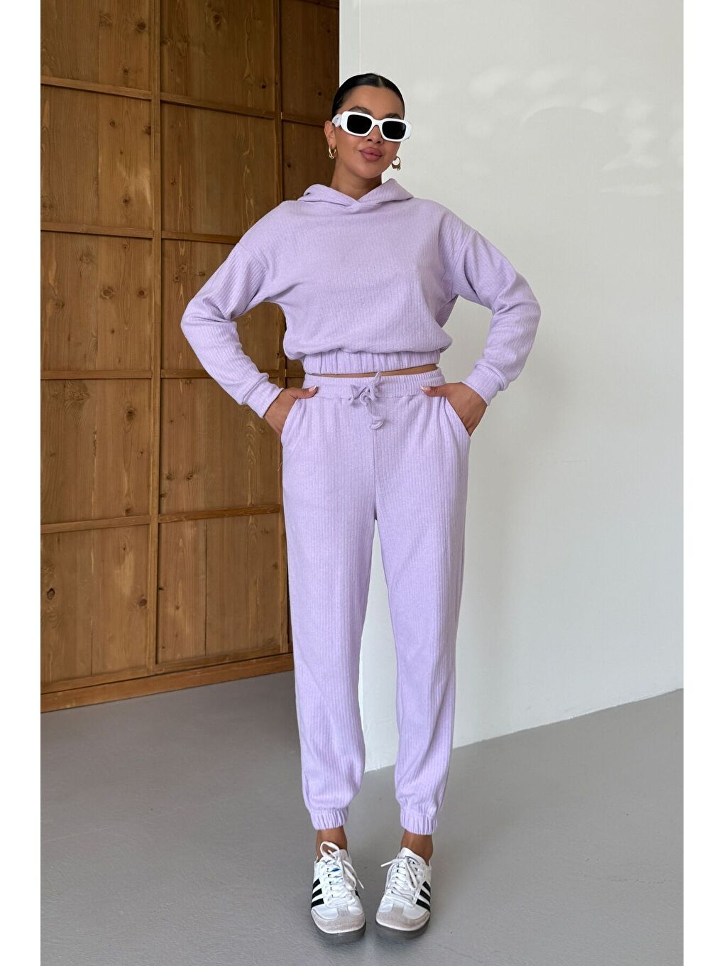Mor Kadın Lila Kapüşonlu Crop Fitilli Alt-Üst Takım-5