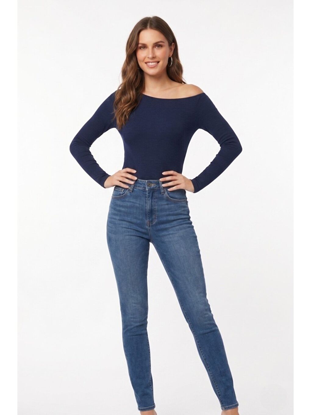 Lacivert Premium Soft Seri Vücuda Oturan Kayık Yaka Örme Bluz-4
