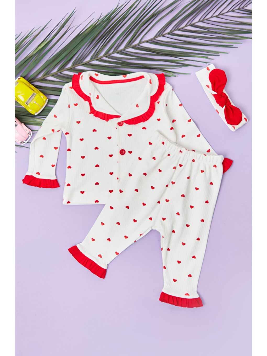 Kırmızı Kalpli Fitilli Kız Çocuk Pijama Takımı