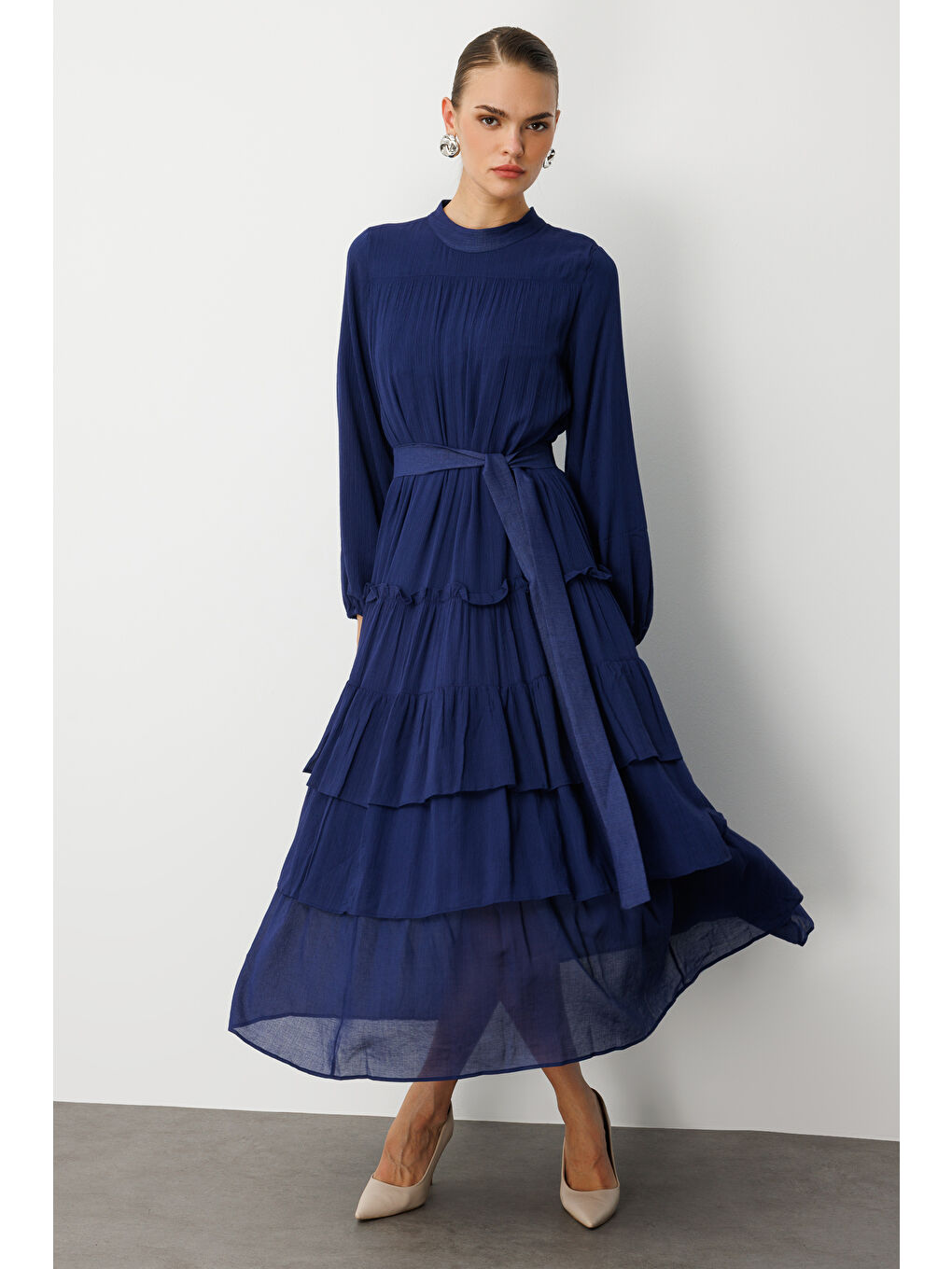 Kat Pileli Maksi Lacivert Elbise-4