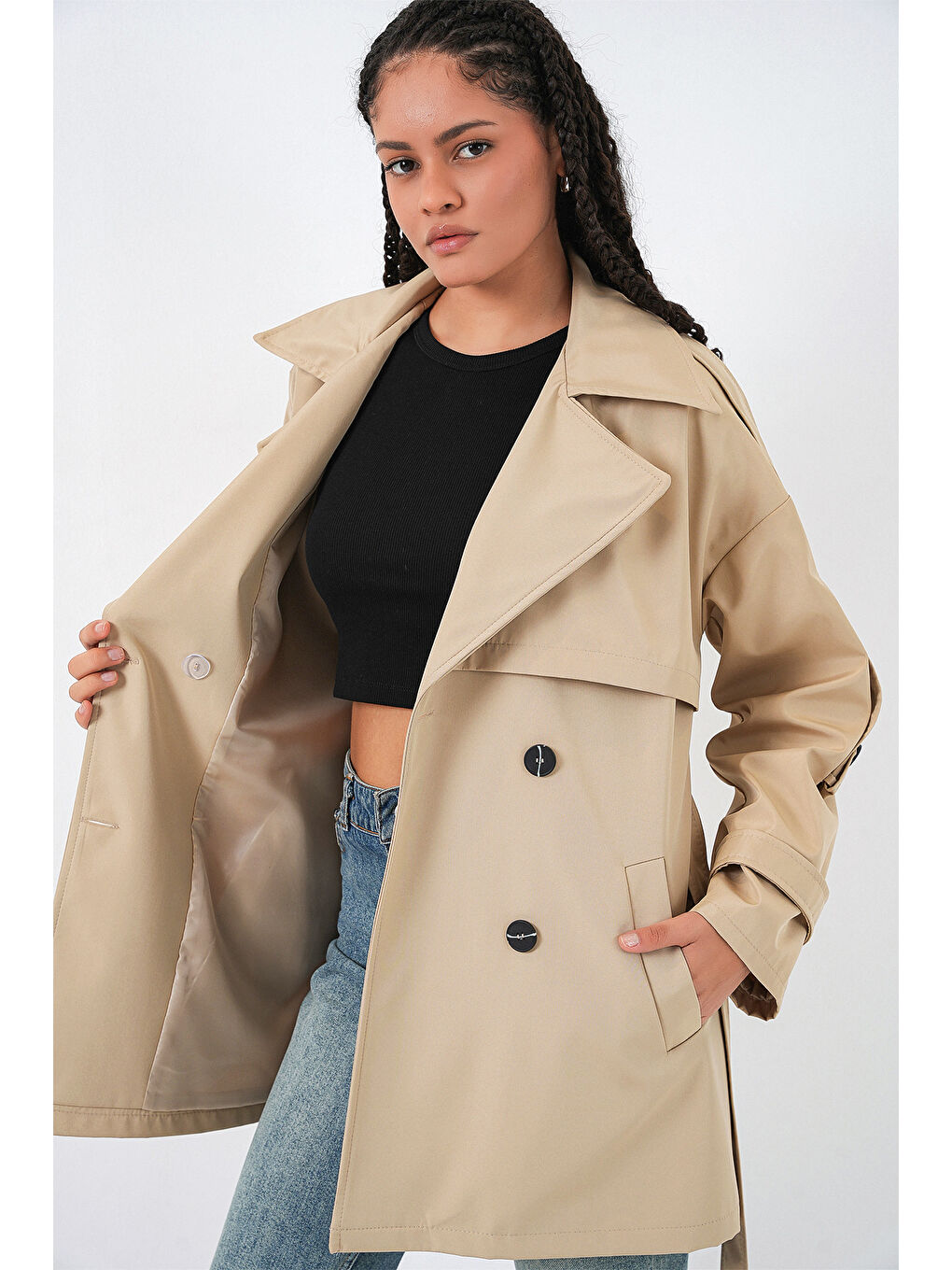 Kadın Kuşaklı Kısa Trençkot 5974 - Bej-4