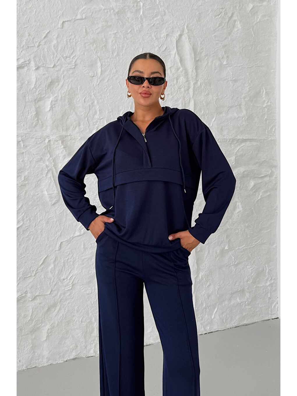 Kadın Lacivert Kapüşonlu Biye Detaylı Yarım Fermuarlı Kanguru Cepli Alt-Üst Takım-3