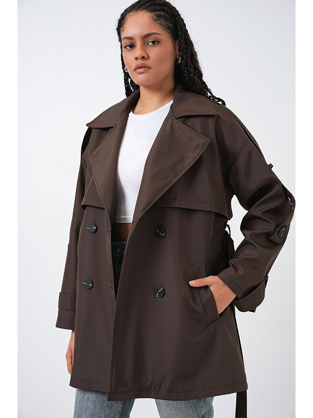 Kahverengi Kadın Kuşaklı Kısa Trençkot 5974 - A.Kahve-1