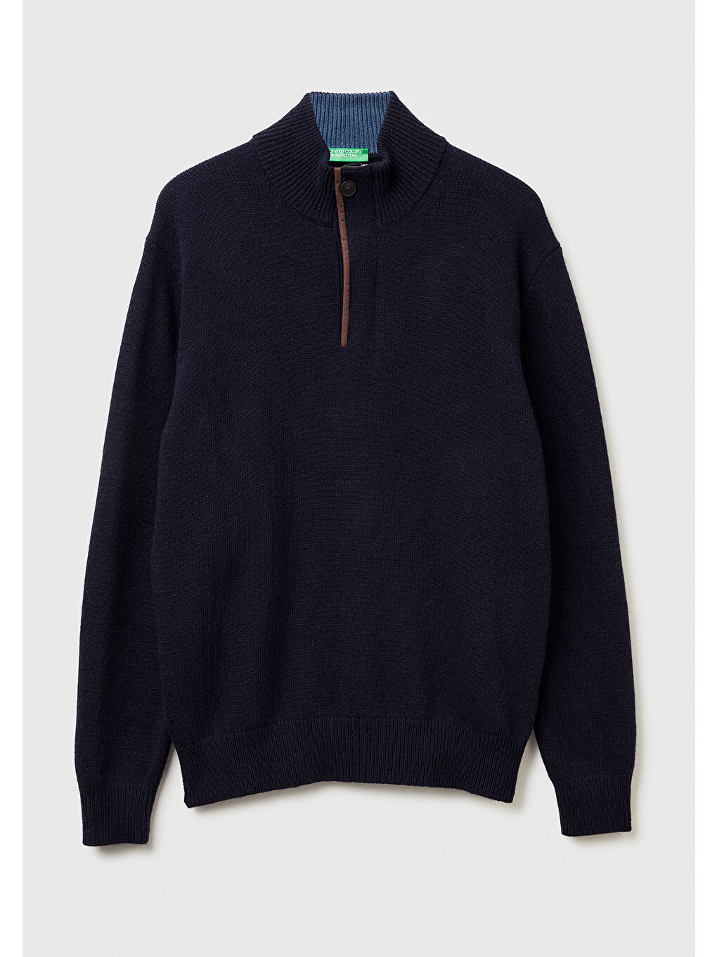 Erkek Lacivert Yün Karışımlı Dik Yaka Yarım Fermuarlı Dirsek Yamalı Triko-1