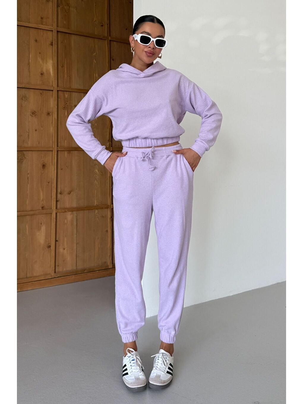 Mor Kadın Lila Kapüşonlu Crop Fitilli Alt-Üst Takım-6